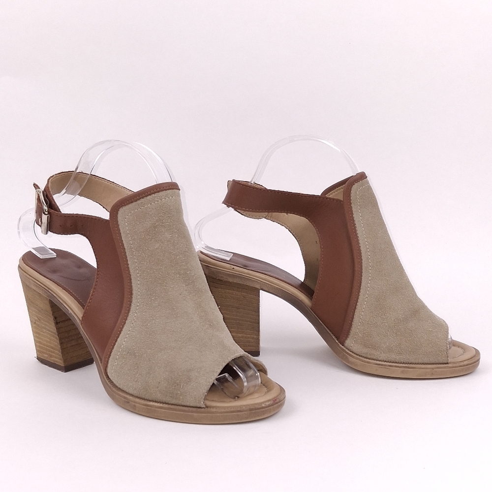 Coach and Four Madel peep toe suede heels ankle strap office classic brown tan
